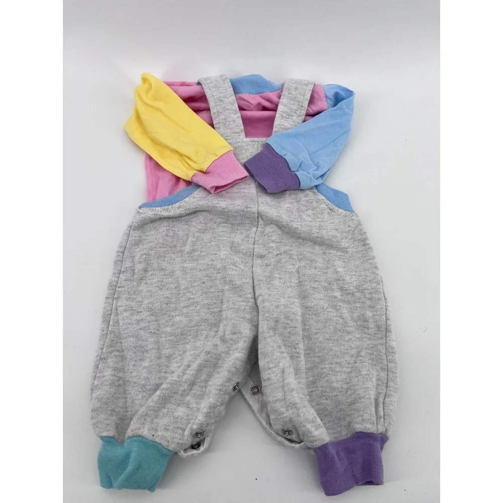 Vintage 90's Colorblock 2 Piece Overalls and Shirt Set Gray Pink 9M  Retro